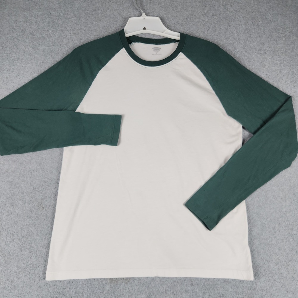 Old Navy Baseball Tee Shirt Mens Small White Green Cotton Raglan Long Sleeve